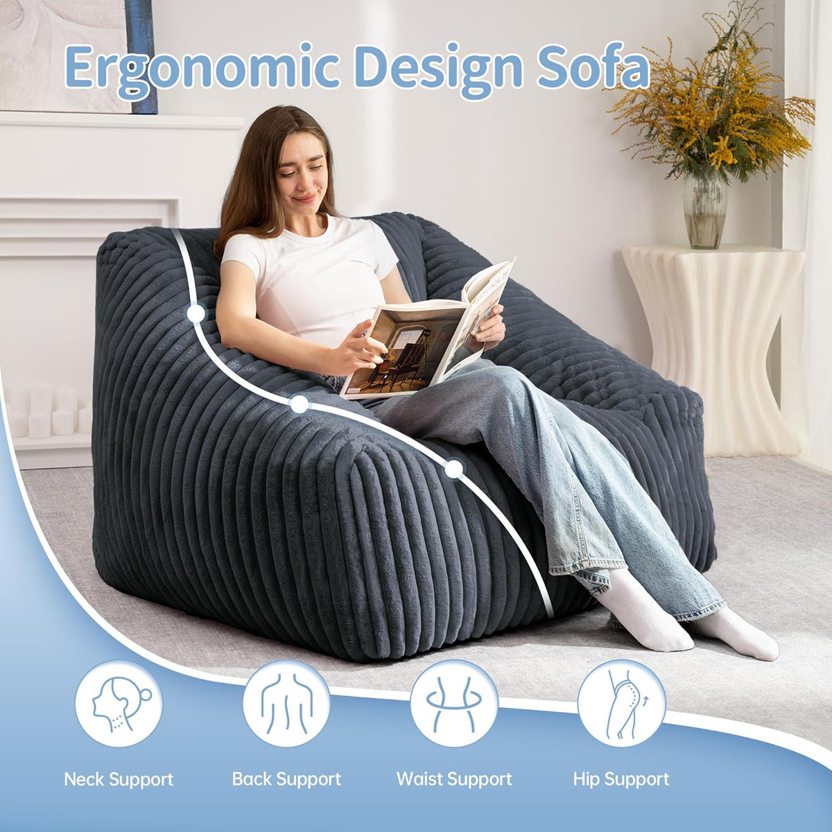 HABUTWAY Bean Bag Chair, Giant Bean Bag Chairs for Adults and Kids, Bean Bag Sofa, Lazy Floor Sofa, Faux Fur Beanbag Chair with Armrests for Living Room Bedroom (Dark Grey)
