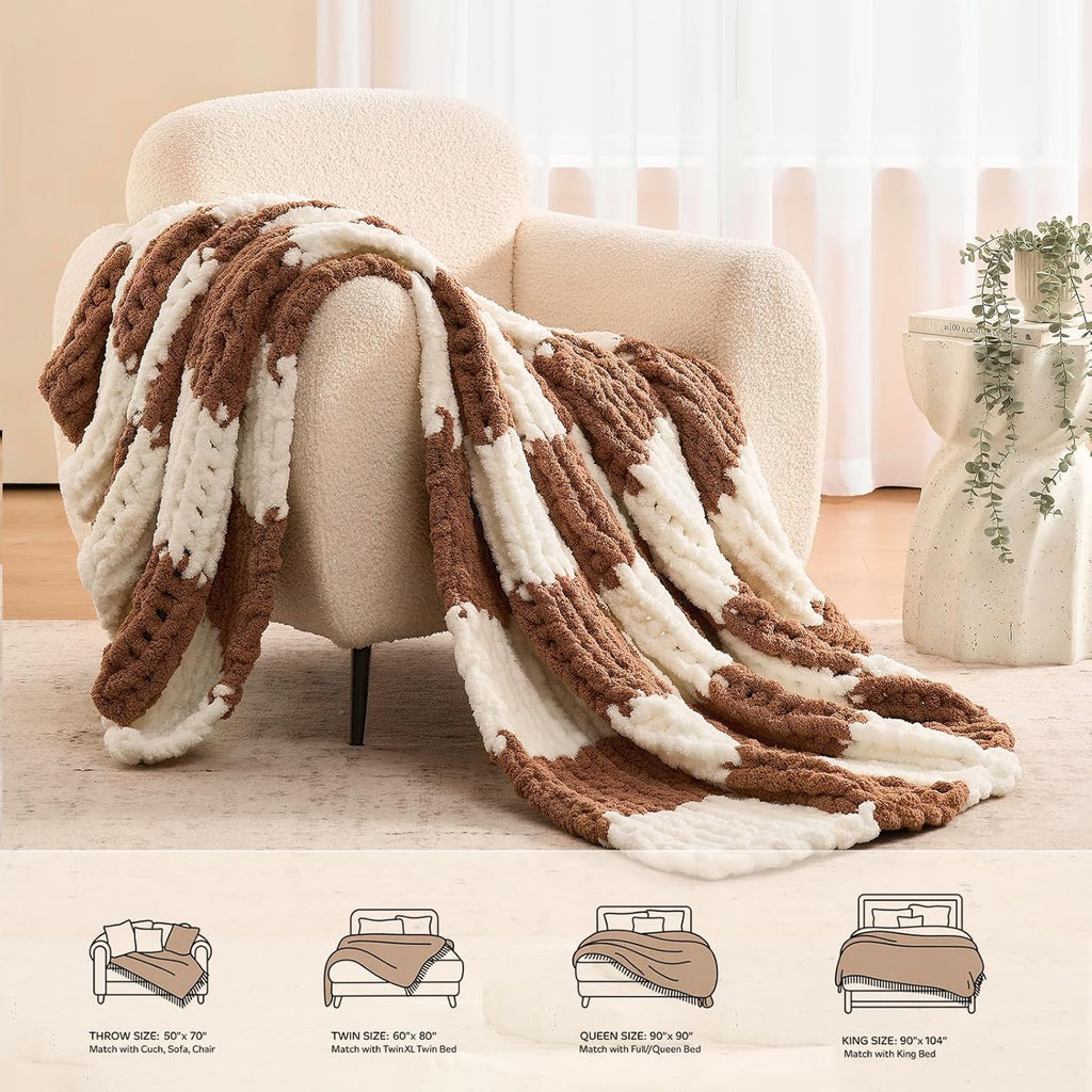 L'AGRATY Chunky Knit Blanket Throw: 60''x80'' Chenille Chunky Knitted Throw Blankets for Twin Bed Couch - Handmade Thick Cable Knit Blanket - Large Crochet Blankets for Home Decor(Brown Checkered)