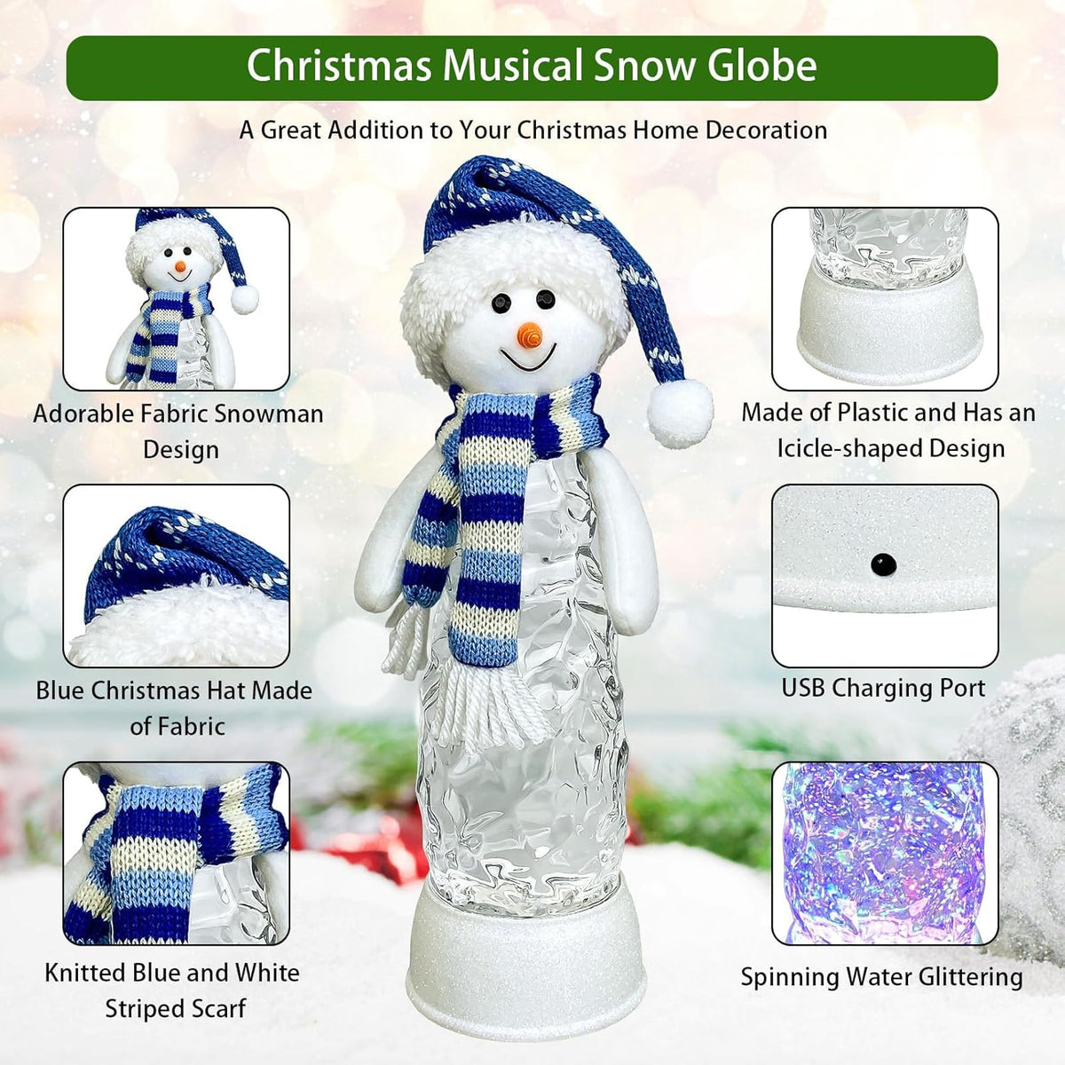 Christmas Snow Globe Lantern Indoor Decor, Cardinal Snowman Christmas Tree with Music,6H Timer,USB Lined/Battery Operated Lighted Lantern for Christmas Festival Decoration Gifts