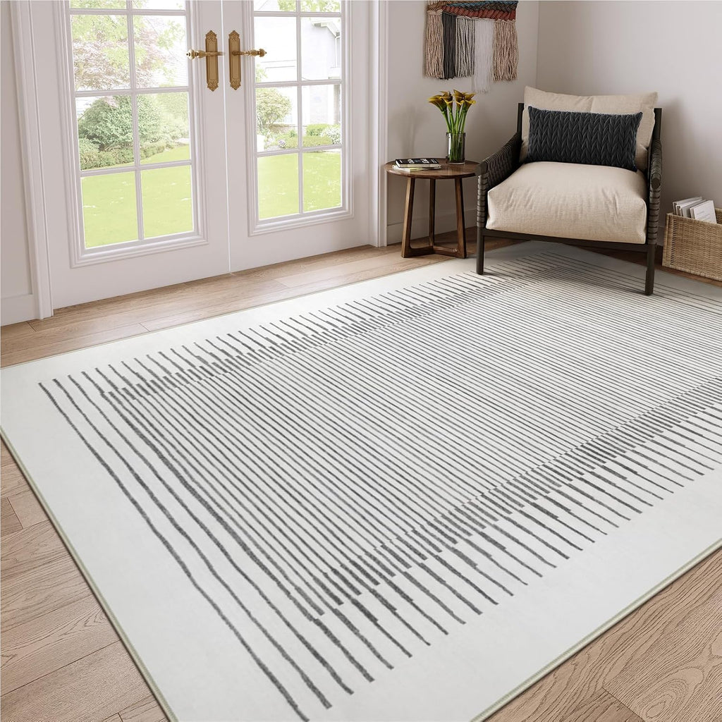 Wonnitar 5x7 Washable Striped Living Room Area Rug, Non-Slip Grey Boho Rugs for Bedroom, Low Pile Soft Minimalist Floor Carpets for Dining Room Home Office (Grey,5' x 7')