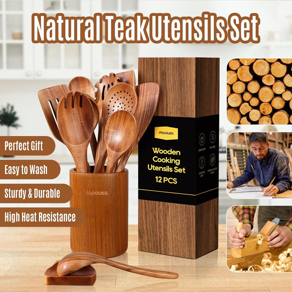 Wooden Spoons for Cooking, 12PCS Teak Wooden Kitchen Utensil Set with Spoon Rest - Smooth Finish, Non-Stick, Comfortable Grip, Heat Resistant Cooking Utensils Set