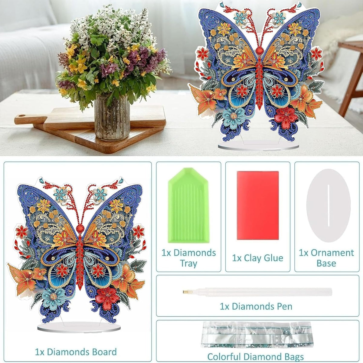 Diamond Painting Kits for Adults Beginners, 5D Full Drill Flowers and Butterfly Crystal Art Desktop Ornament, DIY Single Sided Home Office Desk Decor, Creative Craft Gift Set with Tools