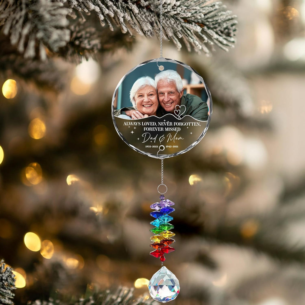 Personalized Memorial Ornament for Dad & Mom – Custom Photo Suncatcher with Names & Dates – Always Loved Never Forgotten – Loss of Parents Christmas Ornament – Remembrance Gift for Family