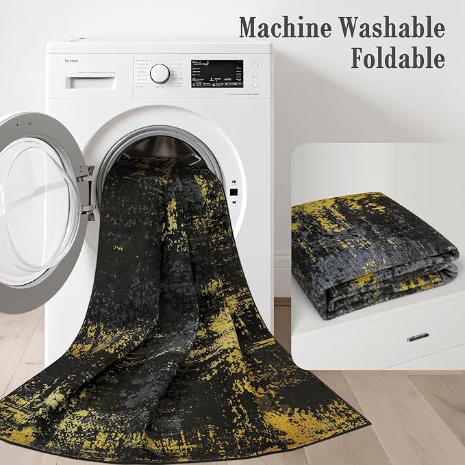 2.6x8 Washable Runner Rug：Modern Abstract Soft Carpet Black Gold | - Image 6