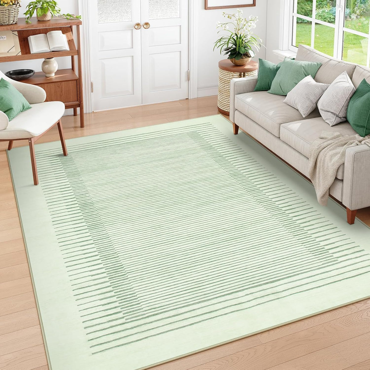 Wonnitar Washable Striped 8x10 Rugs for Living Room, Non-Slip Soft Sage Green Bedroom Rug, Low Pile Minimalist Floor Carpet for Nursery Playroom Dining Room Department (Green, 8' x 10')