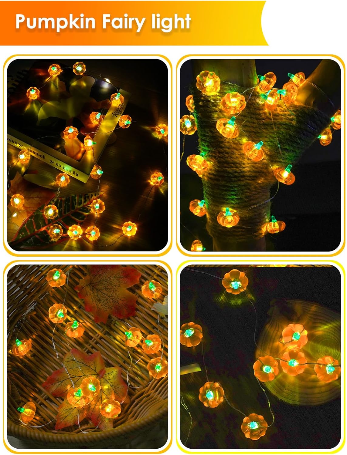 2 Pack 60LED Fall Decoration 3D Pumpkin String Lights Battery Operated, 20FT Fall Lights with Remote, Waterproof 8 Modes Fairy Lights for Autumn Harvest Thanksgiving Halloween Decor
