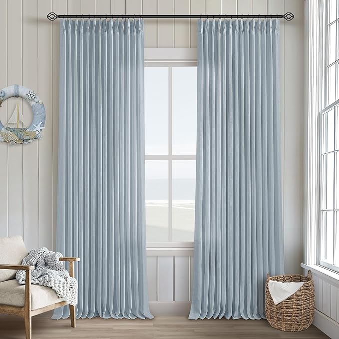 Blue Grey 90 Inch Linen Curtains Pinch Pleated by Twodrapes