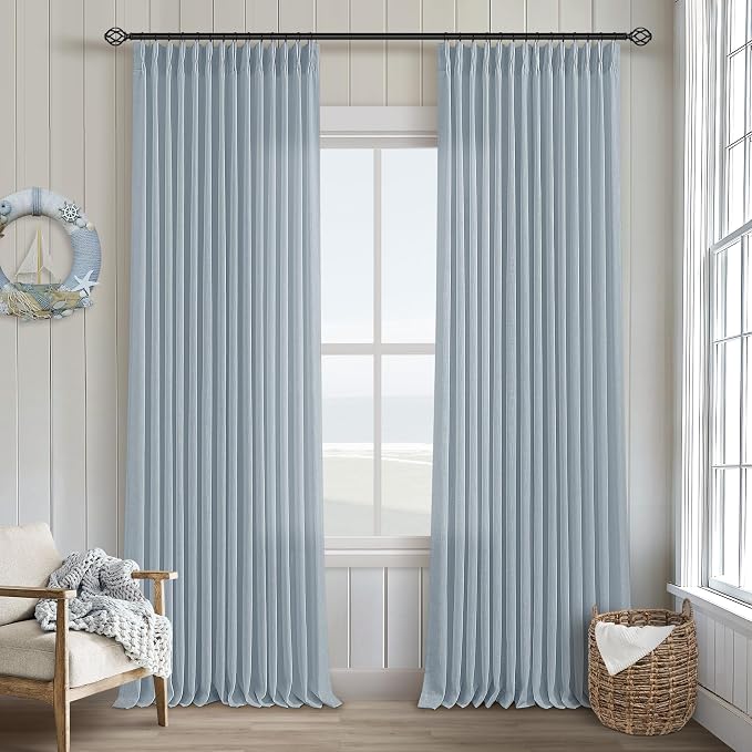 Dusty Blue Pleated Linen Curtains 96 Inches Long by Twodrapes