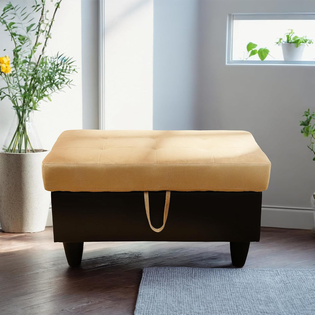 Ottoman Rectangular Storage Ottoman Bench, Flannel Footrest Stool Footstool with Lid for Living Room, Bedroom, Entryway, Champagne&Black, 35"x23.5"x17.5"