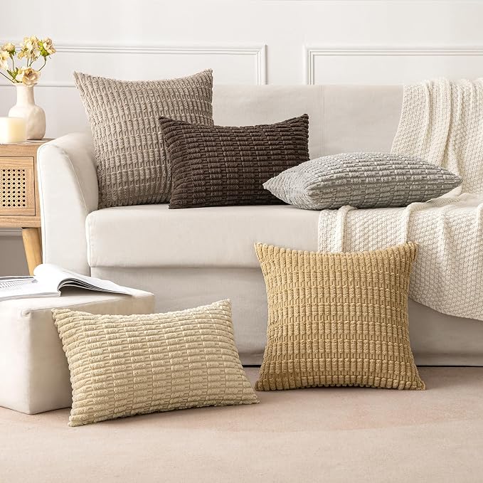 MIULEE Corduroy Decorative Throw Pillow Covers 12x12 Tan Pack of 2 | Soft - Image 5