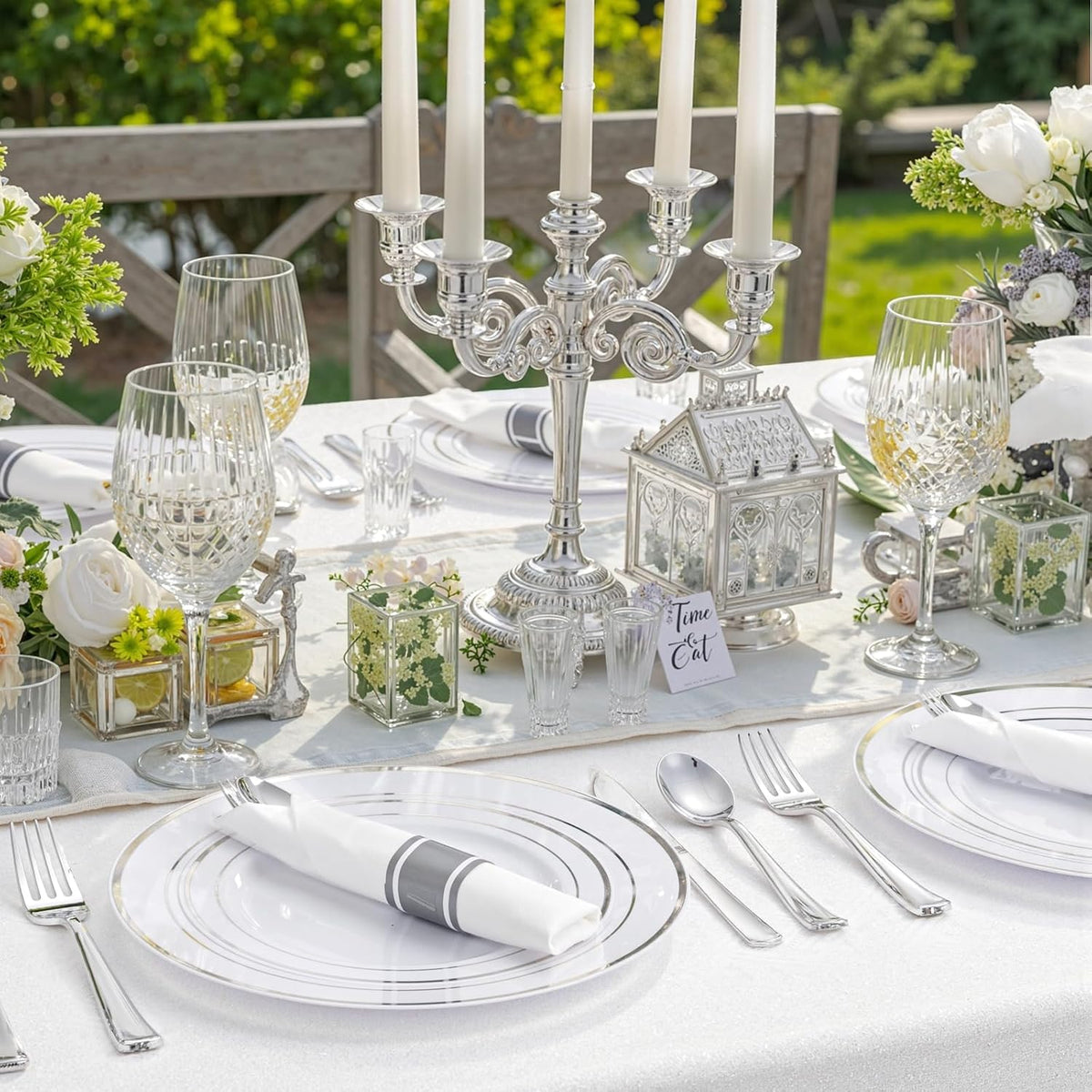 350 Pcs Silver Plastic Plates - Silver Dinnerware Set of 50 Dinner Plates 50 Dessert Plates 50 Silverware 50 Napkins 50 Cups for Party&Wedding