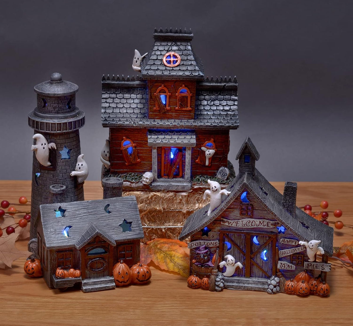 Mark Feldstein & Associates Spooky Halloween Color Changing Pre-Lit LED Haunted House Village Set, 8 Inch, Set of 3
