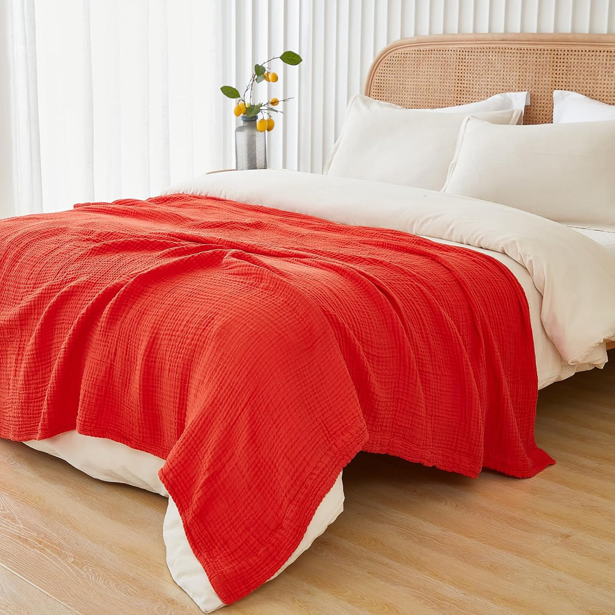 EMME Cotton Throw Blanket for Couch Soft Muslin Blankets 50"x60" Lightweight Breathable Blanket All Season Gauze Blanket, Orange Rust