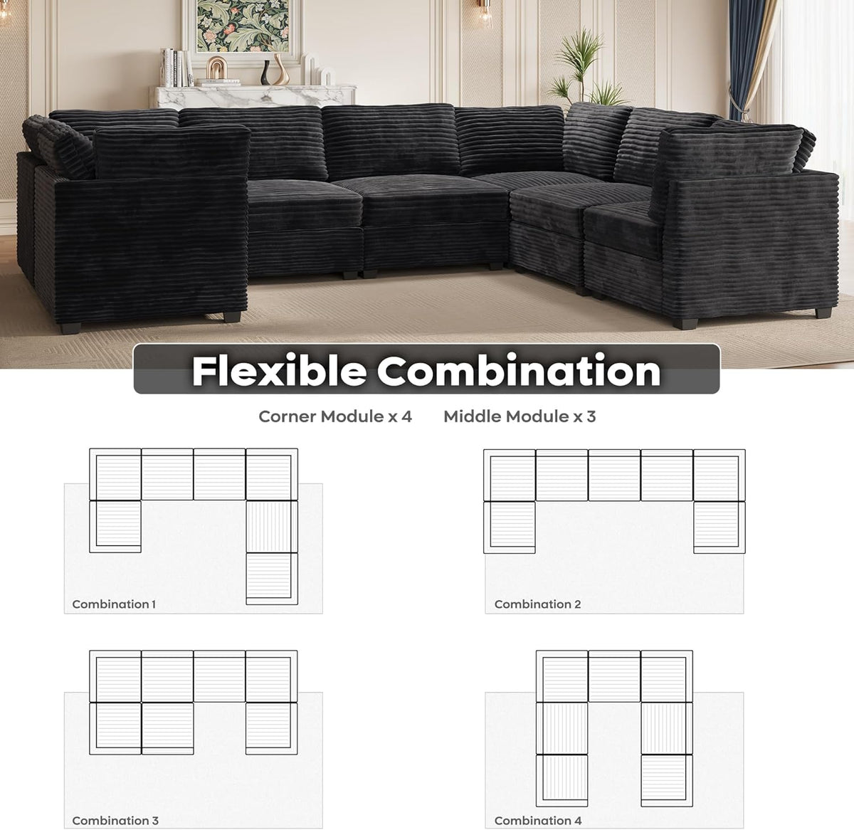 ovios Sectional Sofa Couch with U-Shape Chaise Oversized, Comfy Modular Cloud Couches with Deep Seat, Modern Upholstered Plush Corduroy Sofas Set for Living Room, 7-Seater, Black