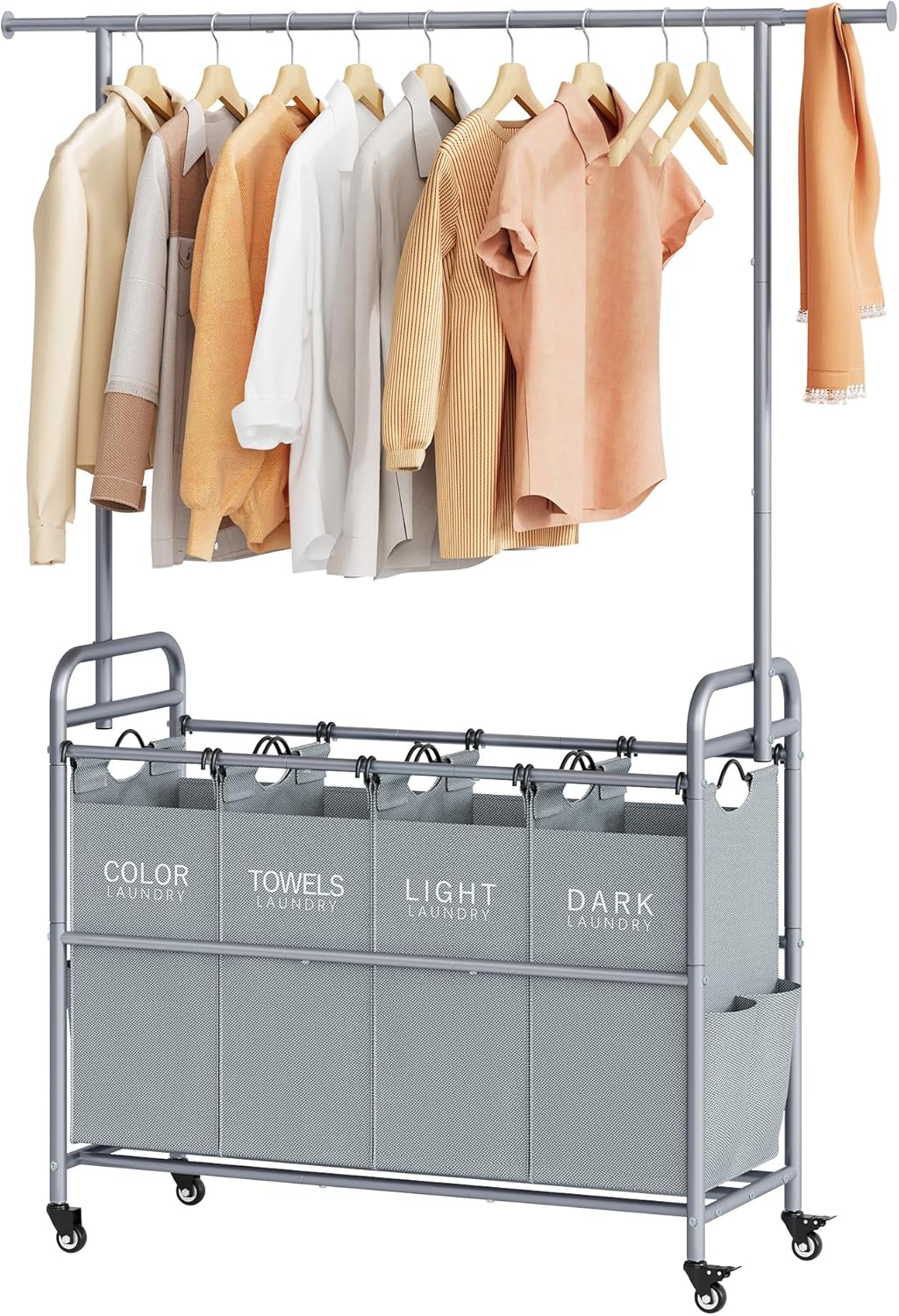 Tajsoon Laundry Sorter with Hanging Bar, 4 Section Rolling Laundry Hamper with Heavy Duty Lockable Wheels, Laundry Sorter Cart for Bathroom & Bedroom, Gray