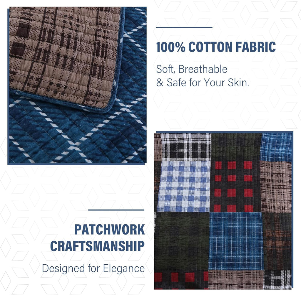 NEWLAKE Quilt Set King Size, Cotton Patchwork Blue Black Checkered Patterns Quilt Sets, Reversible Bedspread Lightweight and Breathable for All Seasons, Soft Quilted Bedspread with 2 Pillow Shams