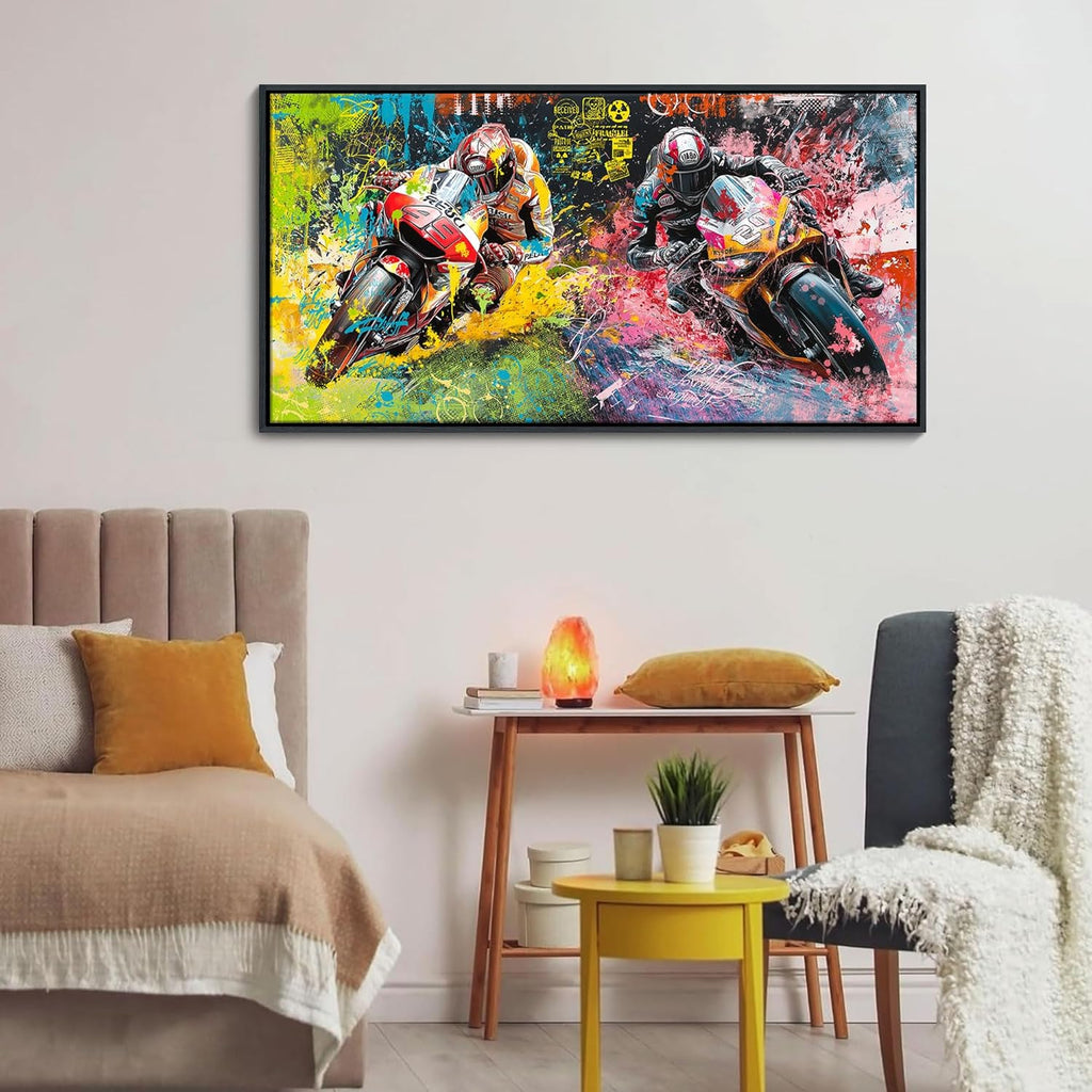JEAWA Framed Canvas Wall Art - 20x40 In Abstract Painting Decor, Motorcycle Racing Color Graffiti Pictures, Modern Art Prints for Bedroom Living Room Bathroom Home Decoration