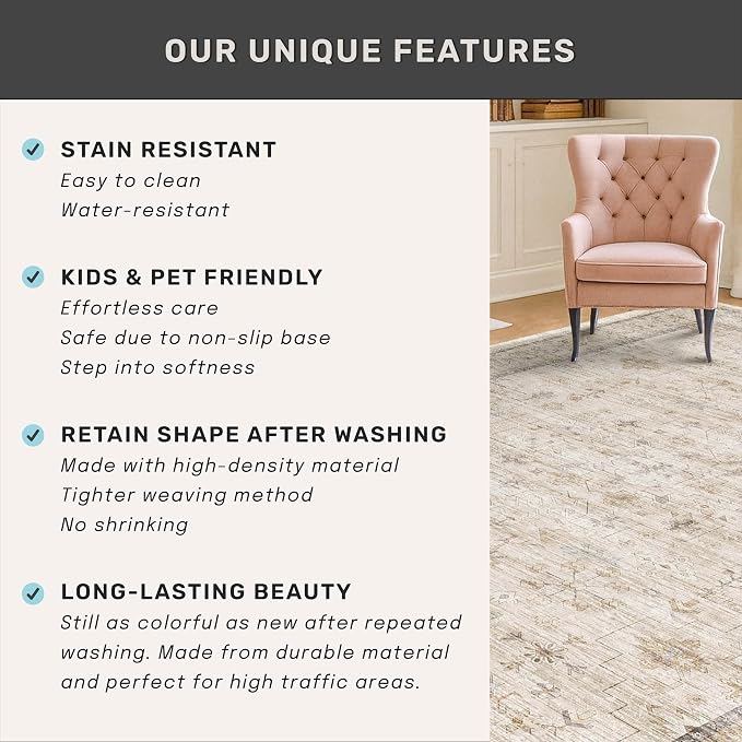 Ivory 5x8 Area Rug for Bedroom, Home Office, Washable Non Slip Dinning Rugs for - Image 5
