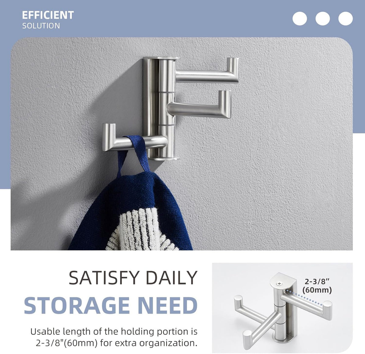 Angle Simple Swivel Towel Hook 3 Arms, SUS 304 Stainless Steel Foldable Robe Towel Hook for Bathroom, Wall Coat Holder, Brushed Nickel
