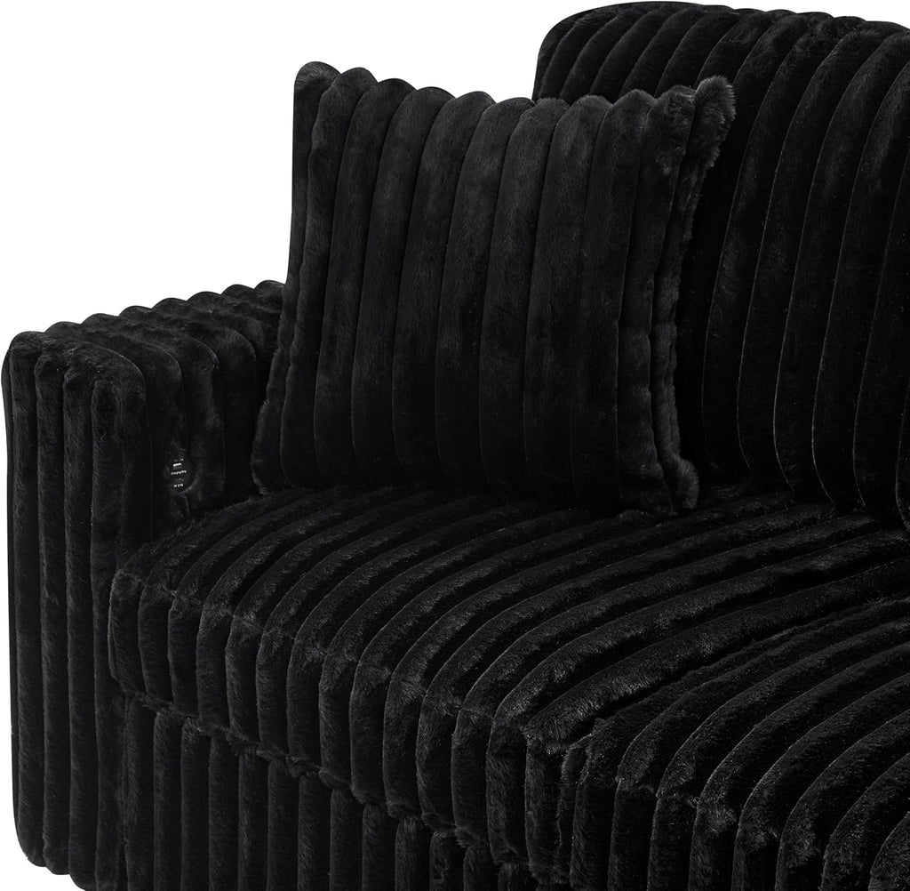 THSUPER 122-Inch Oversized U Shaped Plush Corduroy Fluffy Sectional Sleeper Sofa with Pull Out Bed, Storage Chaise Lounge and USB Charging Port - Black