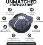 Gold Case Throw Blanket for Bed – 100% Recycled Turkish Cotton Bed Blanket – Decorative Throw Cotton Blankets for Living Room & Bedroom – Retro Navy Blue Woven Queen Blankets – 90x90