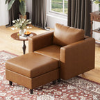 Faux Leather Single Sofa with Storage Ottoman, Modern Accent Chair Deep Seat Large Reading Armchair, Chaise Lounge Chair for Living Room Bedroom Office Brown