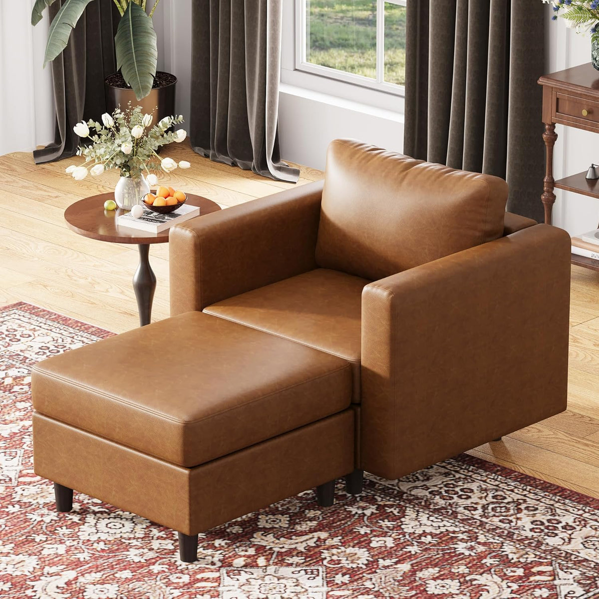 Faux Leather Single Sofa with Storage Ottoman, Modern Accent Chair Deep Seat Large Reading Armchair, Chaise Lounge Chair for Living Room Bedroom Office Brown