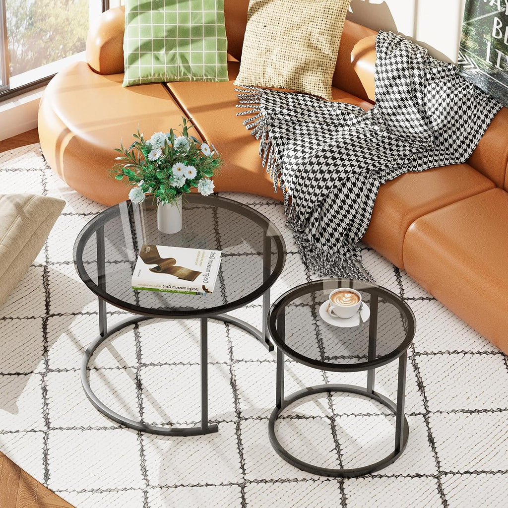 aboxoo Nesting Coffee Table Grey Glass Table Set of 2, Small Round Glass Nesting Tables for Living Room Bedroom, Accent Tea Table with Metal Frame Modern Industrial Simple
