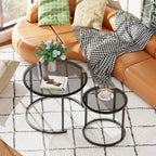 aboxoo Nesting Coffee Table Grey Glass Table Set of 2, Small Round Glass Nesting Tables for Living Room Bedroom, Accent Tea Table with Metal Frame Modern Industrial Simple