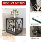 Farmhouse End Table, Modern Side Table with 3-Tier Storage Shelf, Square Rustic Nightstand, Accent Tea Table, for Bedroom Office Living Room, Grey, Natural Wood, Glass, Metal