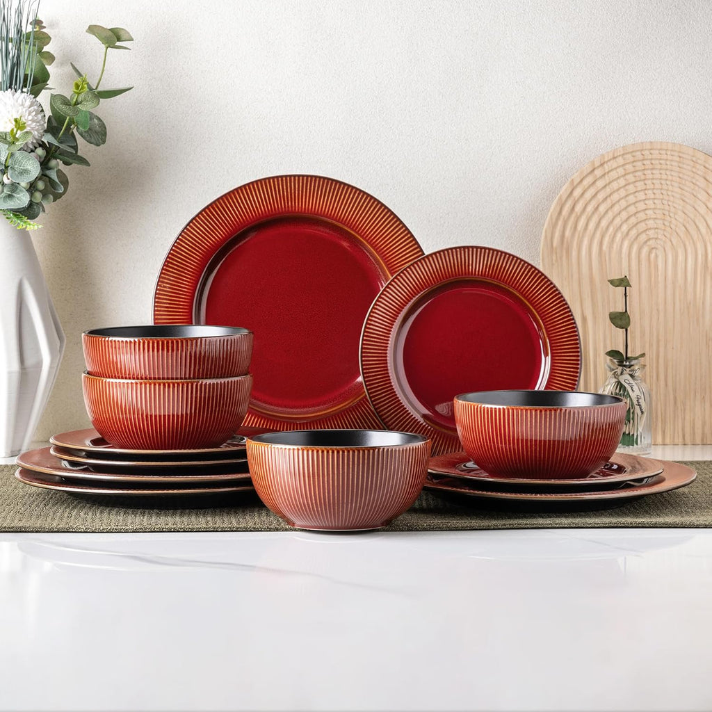 GBHOME Ceramic Dinnerware Sets,12 pcs Embossed Elegant Stoneware Plates and Bowls Sets, Housewarming Wedding Gift | Dishwasher & Microwave Safe | Dishes Set Service for 4