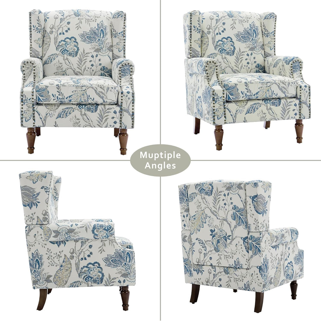 Lumibee Wingback Accent Chair, 2 Set High Back Floral Armchairs in Fabric,Comfy Upholstered Reading Single Sofa Chairs with Solid Wood Legs for Living Room,Bedroom,Office-Plants Blue