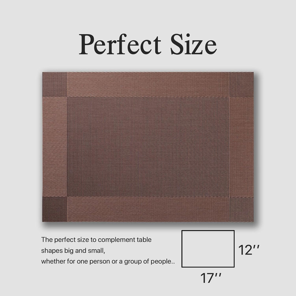 Placemats Set of 6 - Easy Clean Woven Vinyl Placemats for Dining Table, Indoor/Outdoor Place Mats, Washable PVC Table Mats（Brown Cube）