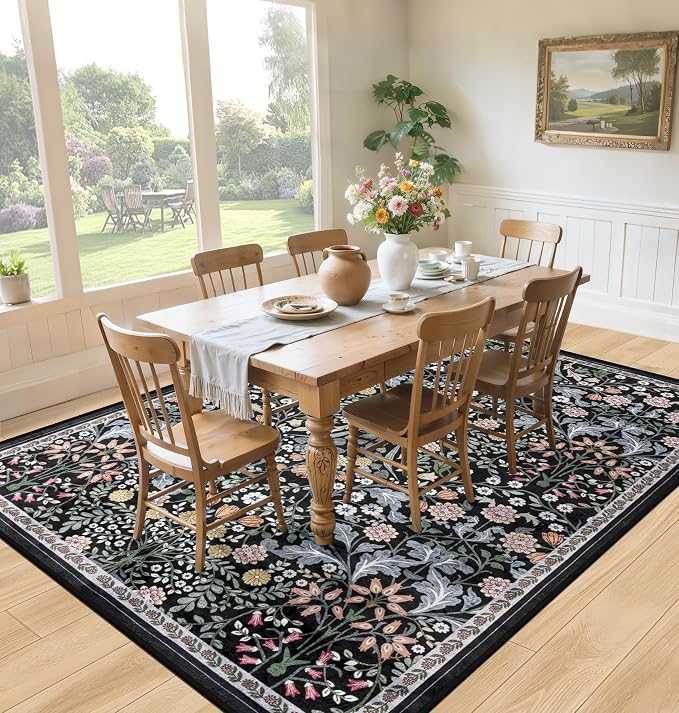 PLHXFR Area Rug 9x12 Living Room: Floral Washable Boho Carpet Dark Black | - Image 4