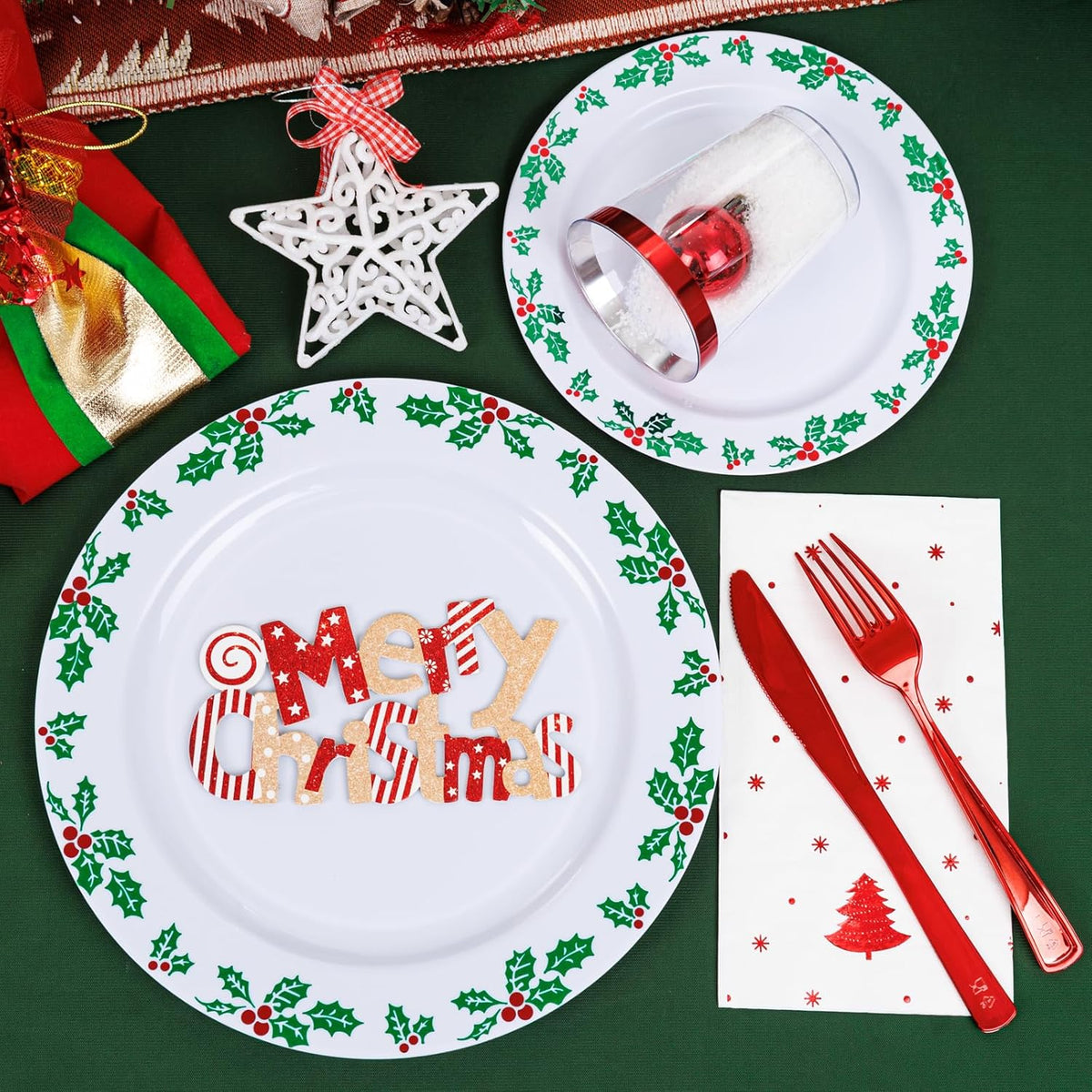 WDF 350pcs Christmas Plates and Napkins Set - Exquisite Holly Design - Christmas Dinnerware Set of 50 Christmas Plastic Plates 50 Red Silverware Set&Cups&Christmas Napkins