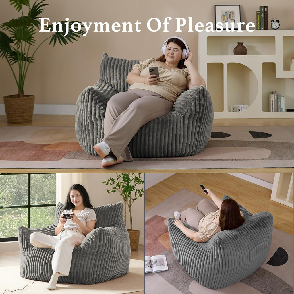 Giant Plush Bean Bag Chair for Adults with Armrests - Oversized Comfy Light Grey Beanbag Lounge Lazy Floor Sofa Accent Chair for Living Room, Bedroom & Dorm, Cozy Fluffy Single Cloud Mini Couch
