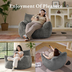 Giant Plush Bean Bag Chair for Adults with Armrests - Oversized Comfy Light Grey Beanbag Lounge Lazy Floor Sofa Accent Chair for Living Room, Bedroom & Dorm, Cozy Fluffy Single Cloud Mini Couch