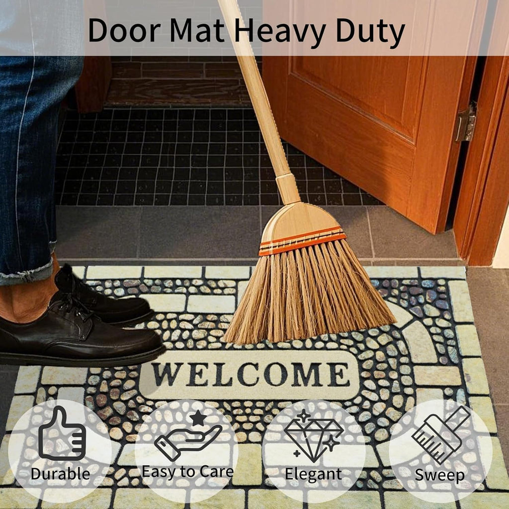 Door Mat Welcome Mat, Heavy Duty Door Mat 23.6 x 35.4 Inch Front Door Mat Rug Doormat for Outdoor Entrance Home Non-Slip Rubber Rug for Front Door, Outside, Entryway, Patio (Yellow Welcome)