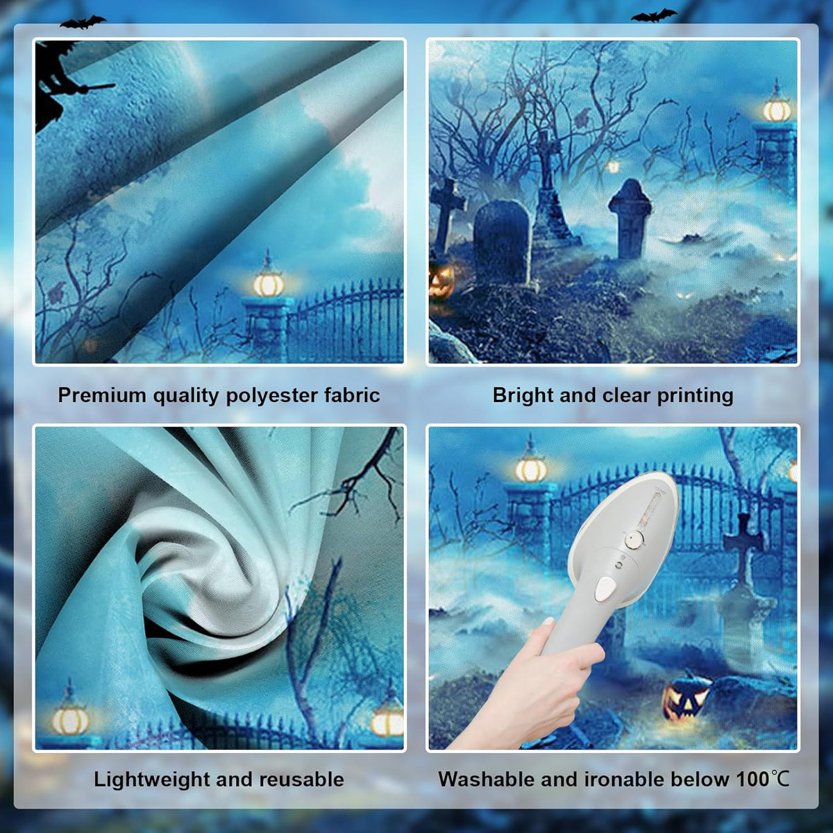 Avezano Halloween Photography Backdrop Full Moon Scary Night Castle Pumpkins Party Background Spooky Witch Bats Cemetery Child Kids Halloween Party Decorations Photoshoot Backdrops (7x5ft, Blue)