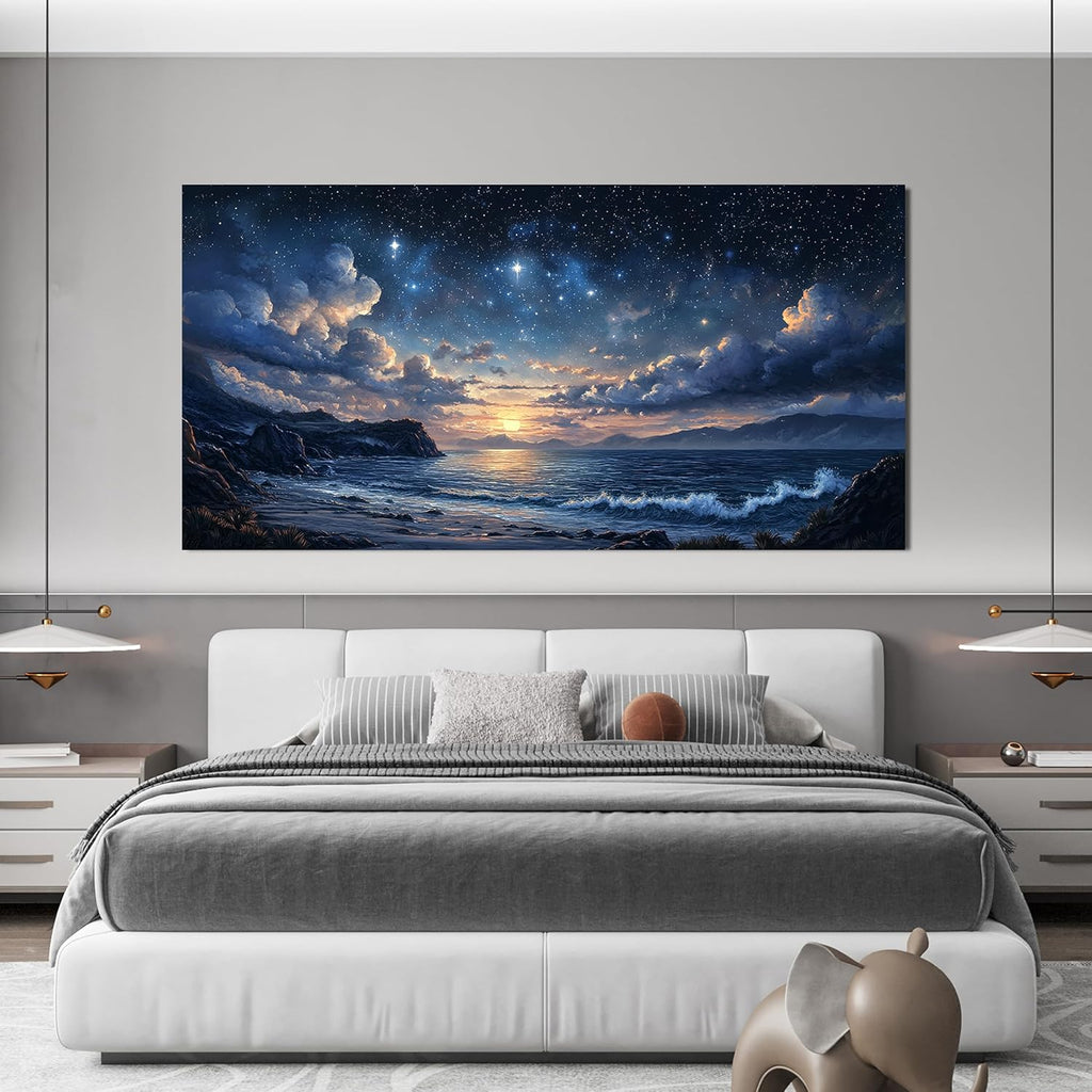 Canvas Wall Art Decor Large Wall Art Pictures for Living Room Landscape Coastal Wall Art Canvas Art Wall Decor Star Night Blue Artwork for Walls Prints Art Work for Room Office Home Wall Decor 29"x58"