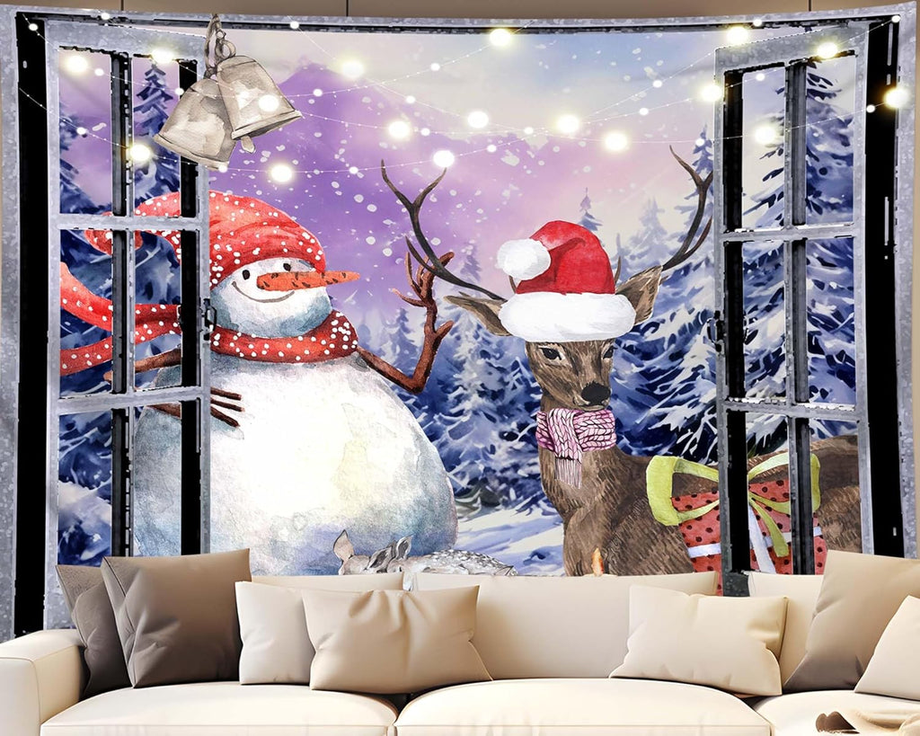 QGHOT Christmas Window Tapestry Wall Hanging Christmas Backdrop Winter Window Wall Decor Xmas Snowman Deer Tapestries for Bedroom Living Room Dorm Holiday Party Decoration