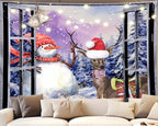 QGHOT Christmas Window Tapestry Wall Hanging Christmas Backdrop Winter Window Wall Decor Xmas Snowman Deer Tapestries for Bedroom Living Room Dorm Holiday Party Decoration