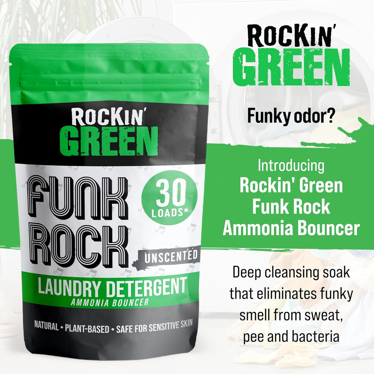 Rockin' Green Laundry Detergent, Plant based, All Natural Laundry Detergent Powder, Vegan and Biodegradable Odor Fighter, Safe for Sensitive Skin (Funk Rock Ammonia Bouncer 30 Loads - Unscented)