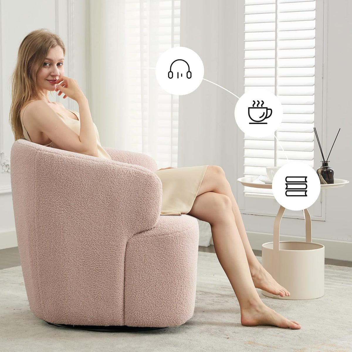 Swivel Accent Chair, Sherpa Teddy Barrel Chair for Living Room, Cozy Round Boucle Arm Chair, Metal Base for Club Nursery Bedroom, Light Blush Pink
