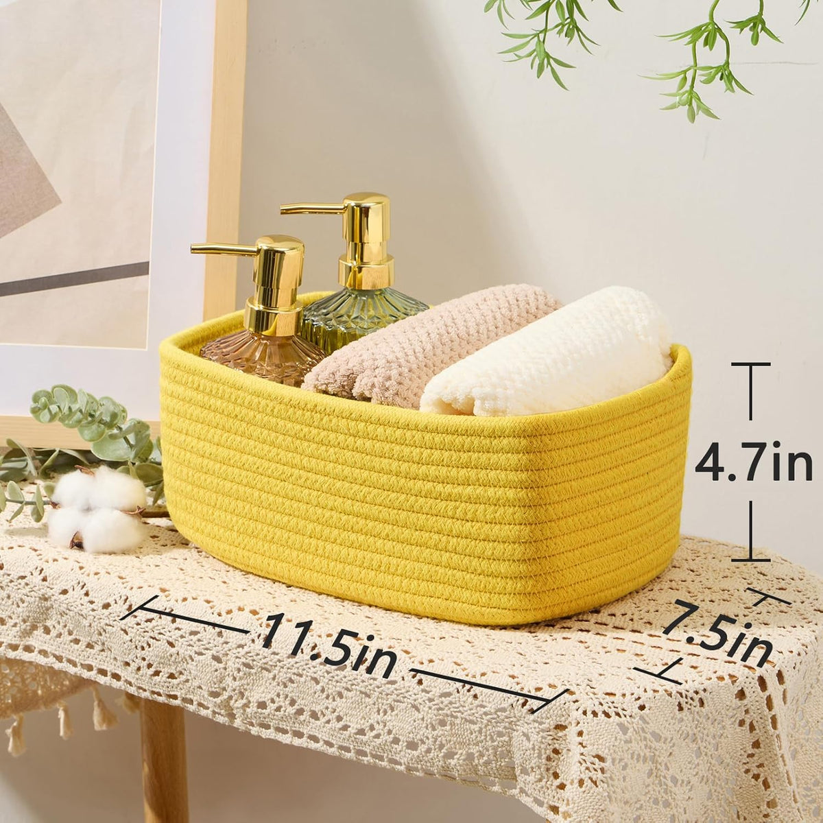 Small Storage Baskets for Organizing | Closet Organizer Bins | Shelf Toy Basket | Woven Rope Baskets | Cube Decorative Box | Shallow Basket | 11.5x7.5x4.7” | 4 Packs Yellow