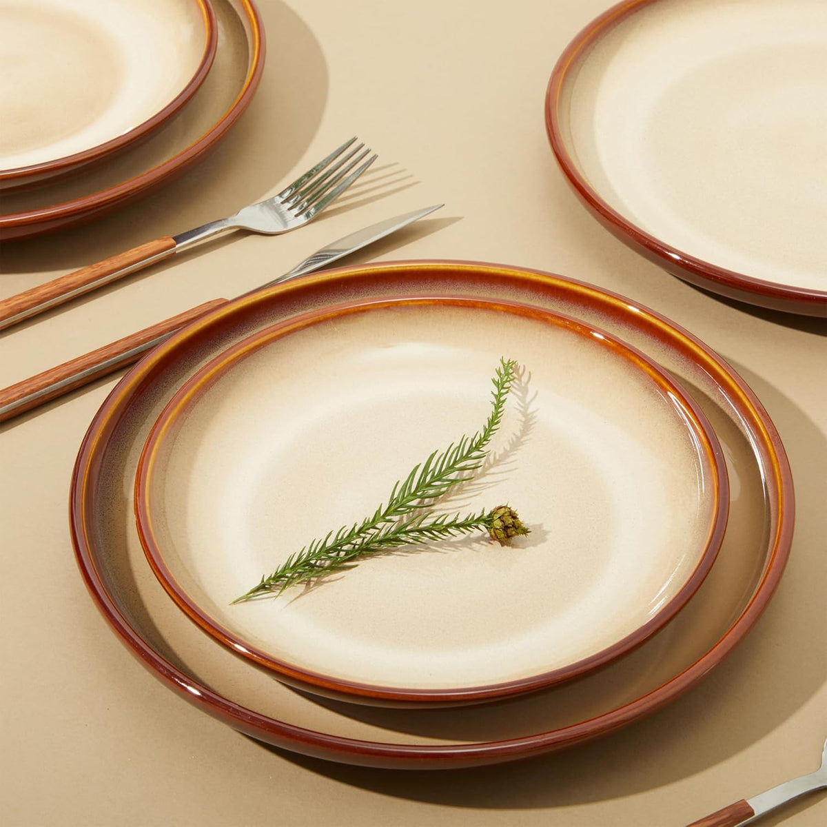 24 Piece Dinnerware Sets for 8, Modern Stoneware Plates and Bowls Sets, Perfect for Family Gatherings & Holiday Celebrations, Easy Cleaning Dish Set, Stack Compactly Dinner Set, Brown Yellow