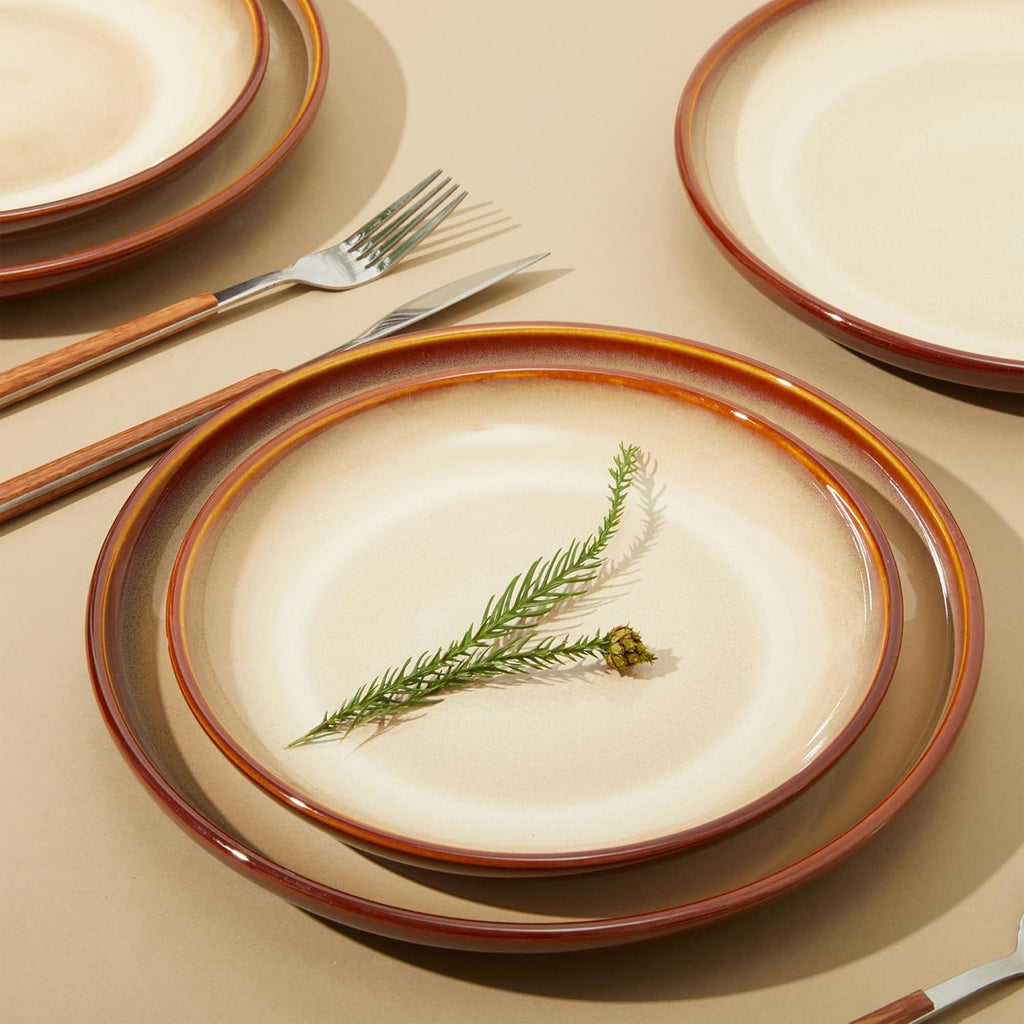 Ceramic Dinnerware Sets for 6, 18 Pieces Stoneware Plates and Bowls Sets, Chip and Crack Resistant Dishes, Dishwasher & Microwave Safe Dishware Sets, Brown Yellow