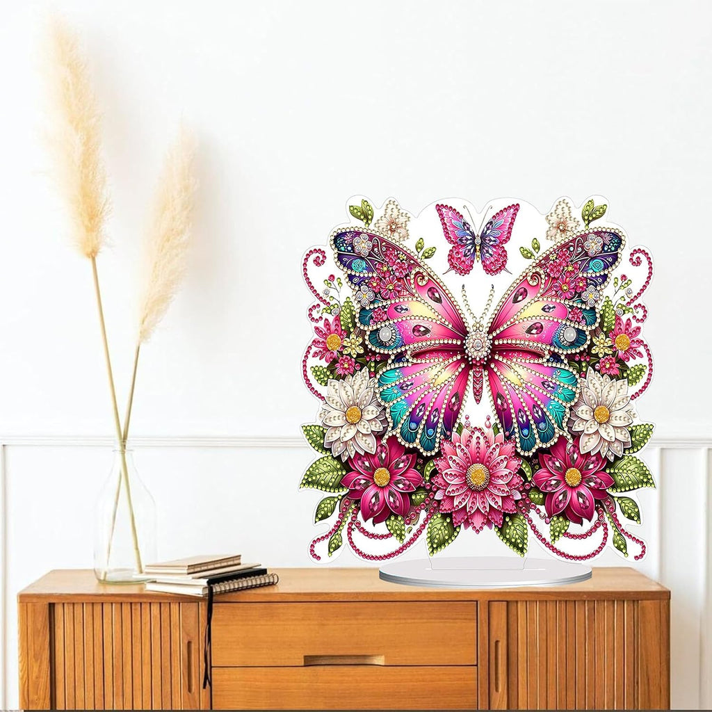 Diamond Painting Kits for Adults Beginners, 5D Full Drill Flowers and Butterfly Crystal Art Desktop Ornament, DIY Single Sided Home Office Desk Decor, Creative Craft Gift Set with Tools