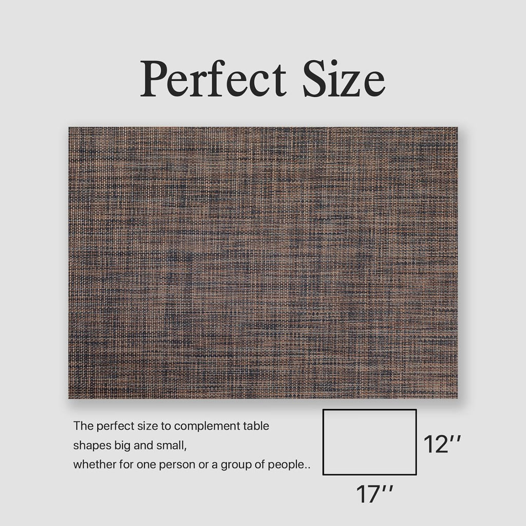 Placemats Set of 4 - Easy Clean Woven Vinyl Placemats for Dining Table, Indoor/Outdoor Place Mats, Washable PVC Table Mats（Black/Brown）