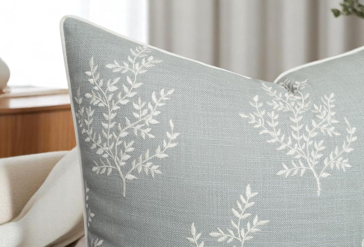 VAGMINE Embroidered Leaves Throw Pillow Cover - 20x20 Inches Square - 100% Cotton Robins Egg Cushion Cover - Textured Embroidery - Chic Coastal Home Accent for Sofa, Lounge, Farmhouse Decor